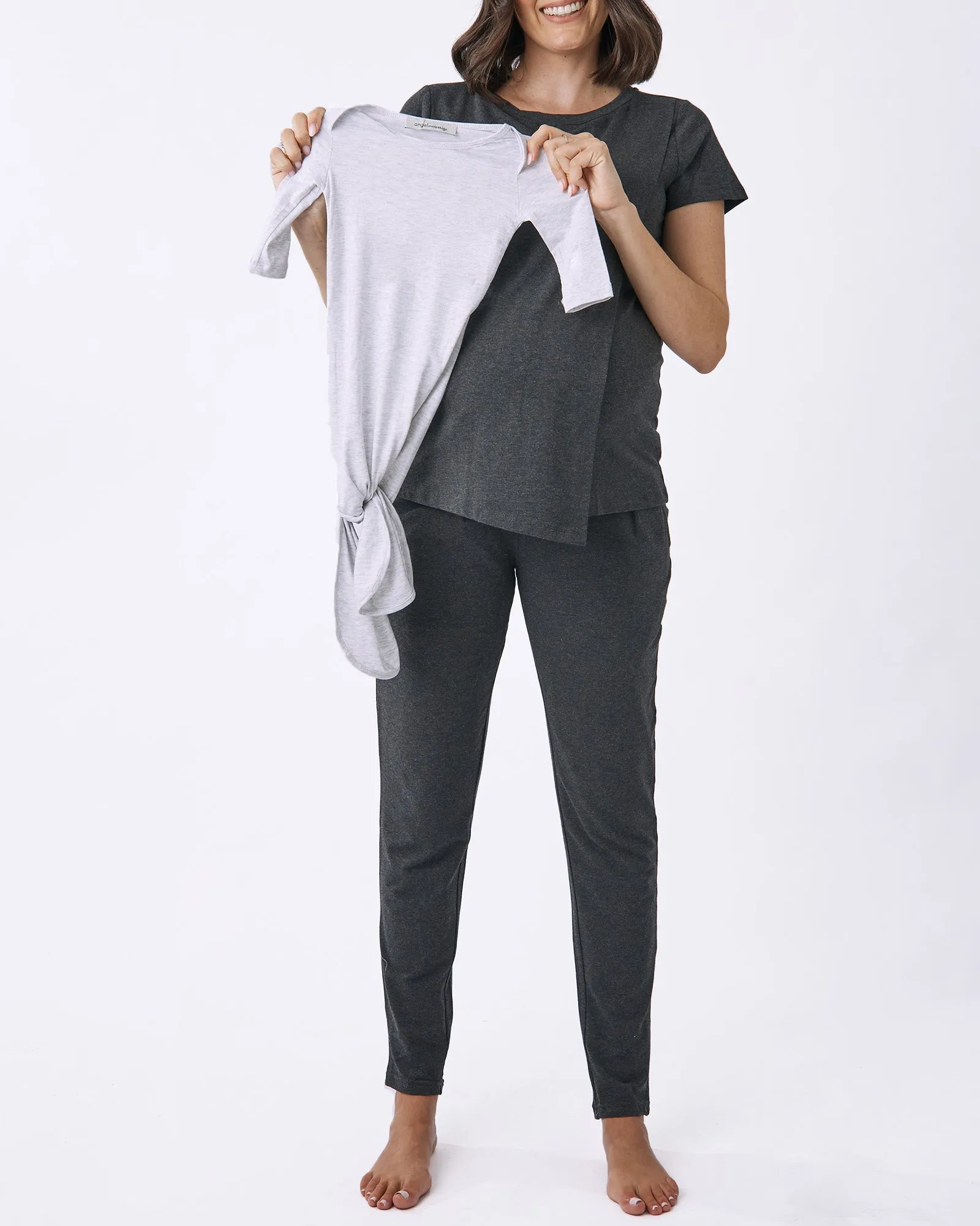 3-Piece Maternity & Nursing Short Sleeve Set with Baby Swaddle In Charcoal