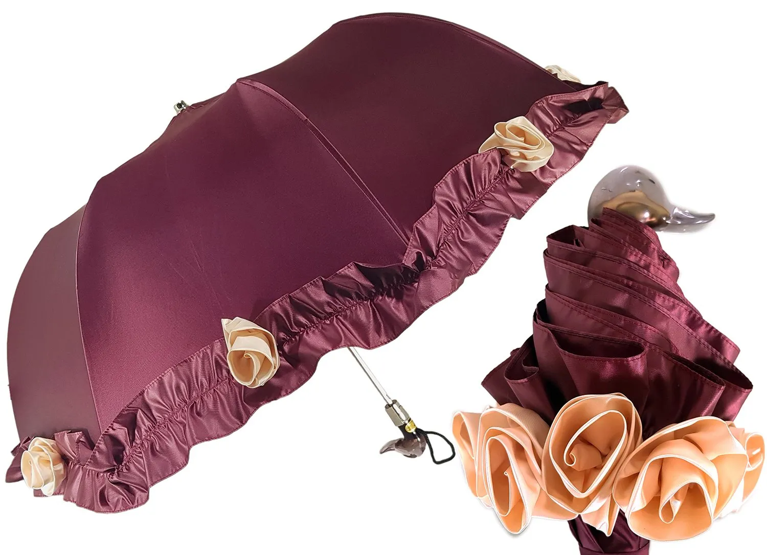 Amazing Frilly Burgundy Folding Umbrella Parasol