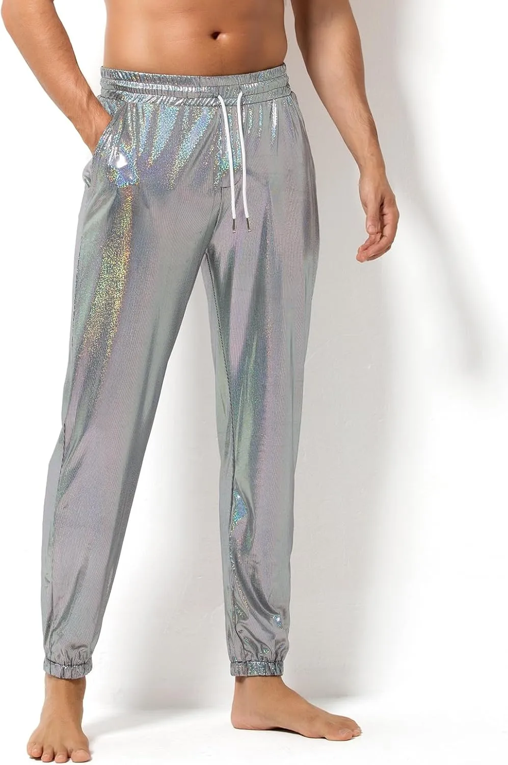 Arjen Kroos Men's Metallic Shiny Jogger Pants Breathable Party Night Club Disco Trousers