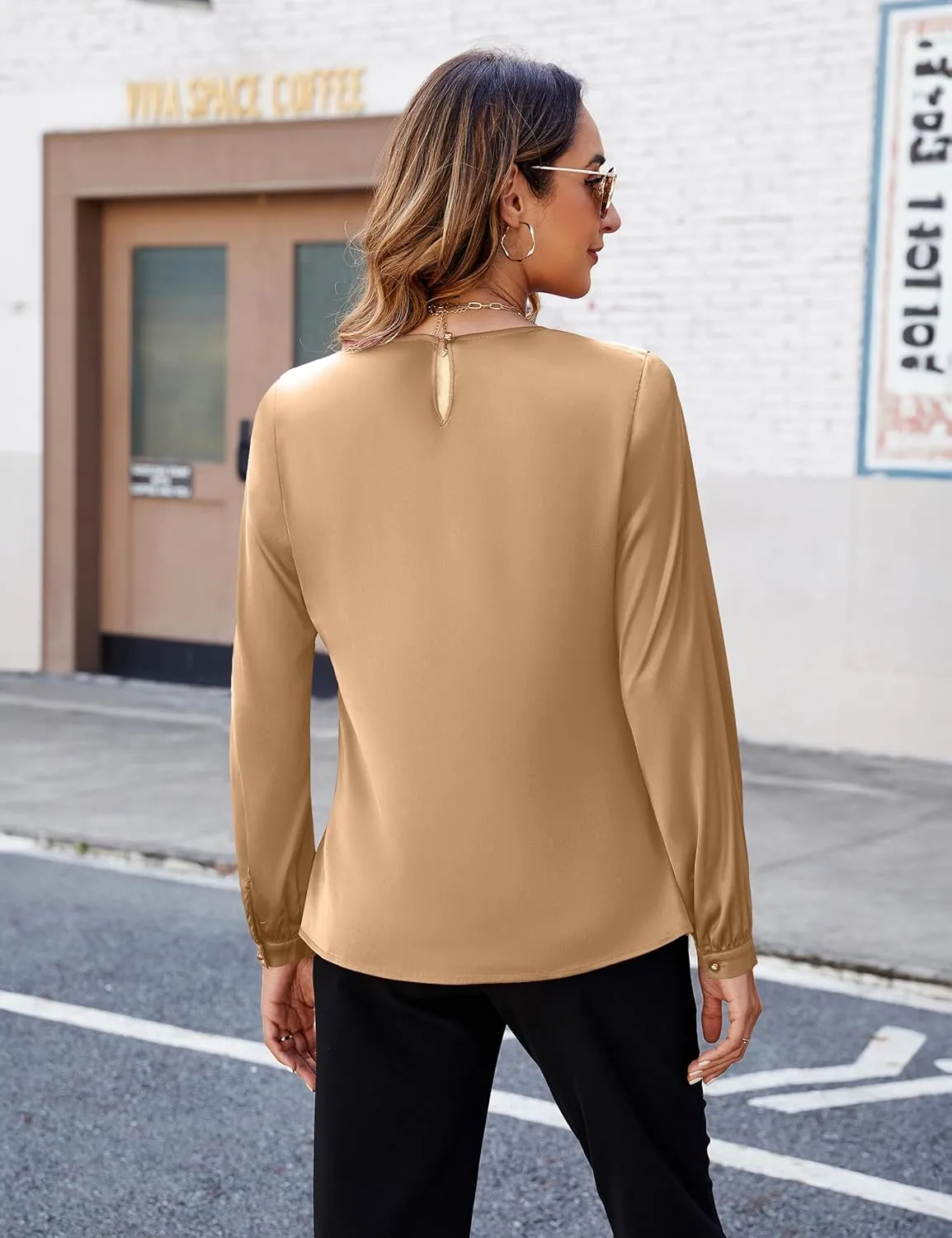 Blooming Jelly Womens Dressy Business Casual Blouse Pleated Long Sleeve Tops Satin Silk Work Shirt Fall Outfits 2024