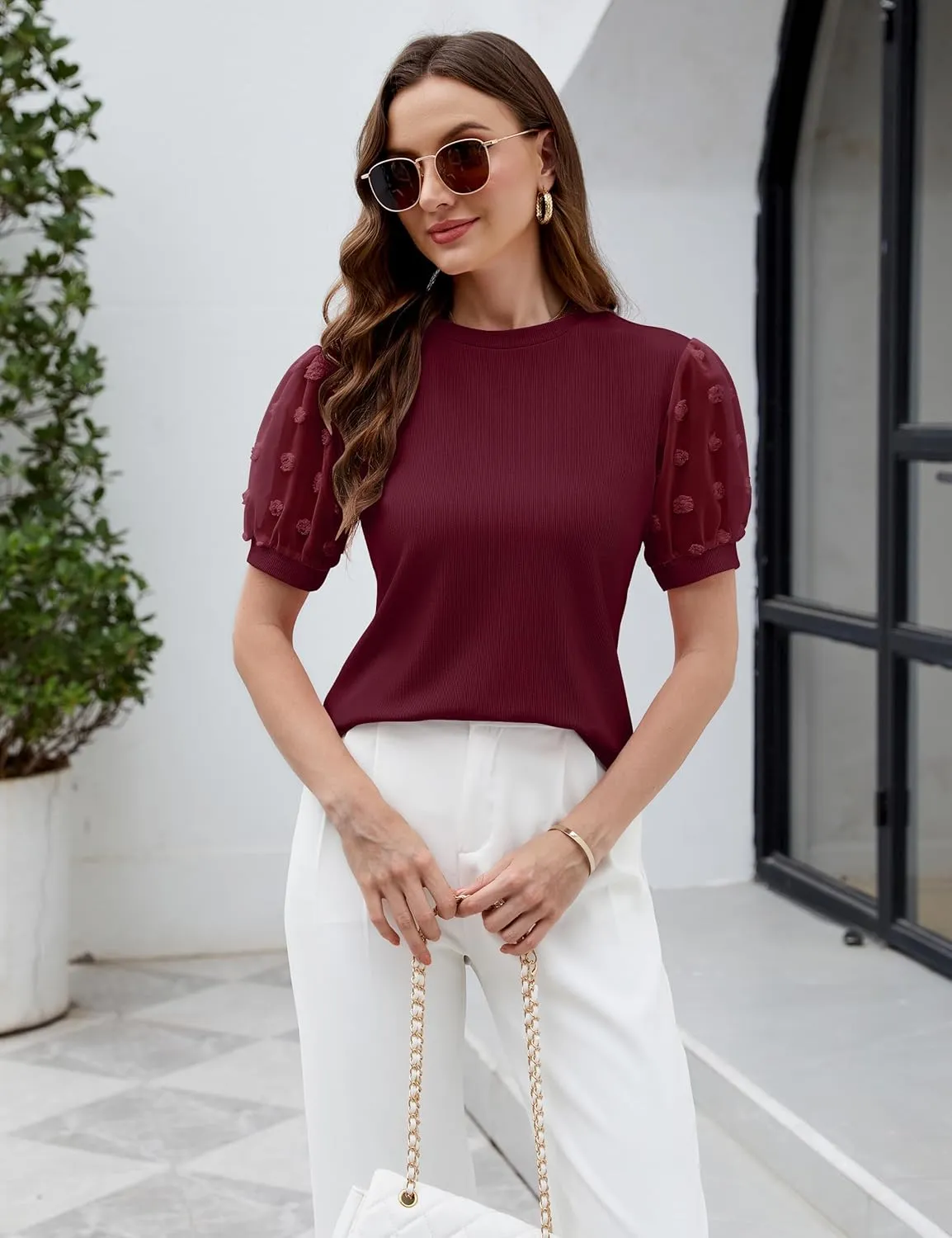 Blooming Jelly Womens Short Sleeve Blouse Business Casual Dressy Tops Ribbed Summer Stylish Work Shirts