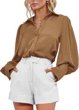 BTFBM Women Satin Button Down Shirts Summer Spring Lantern Long Sleeve Lapel V Neck Blouse Loose Casual Office Work Tops