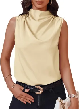 Cicy Bell Womens Mock Neck Satin Tank Tops Sleeveless Ruched Dressy Casual Summer Shirt Blouses