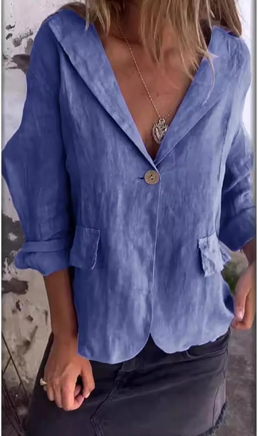 Cotton and Linen Casual Lapel Single-Button Thin Coat, New Linen Blazer Women Casual Lightweight 3/4 Sleeve Jackets