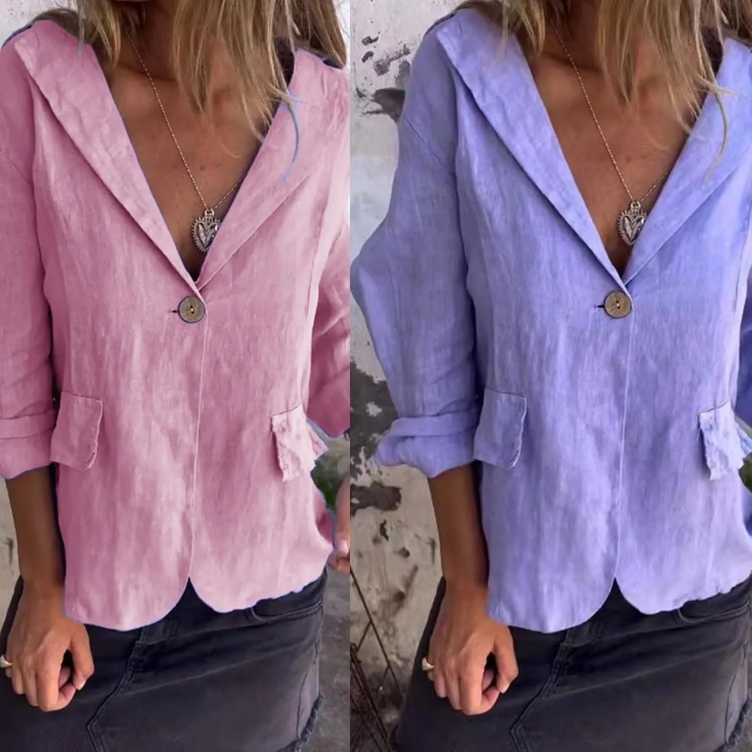 Cotton and Linen Casual Lapel Single-Button Thin Coat, New Linen Blazer Women Casual Lightweight 3/4 Sleeve Jackets