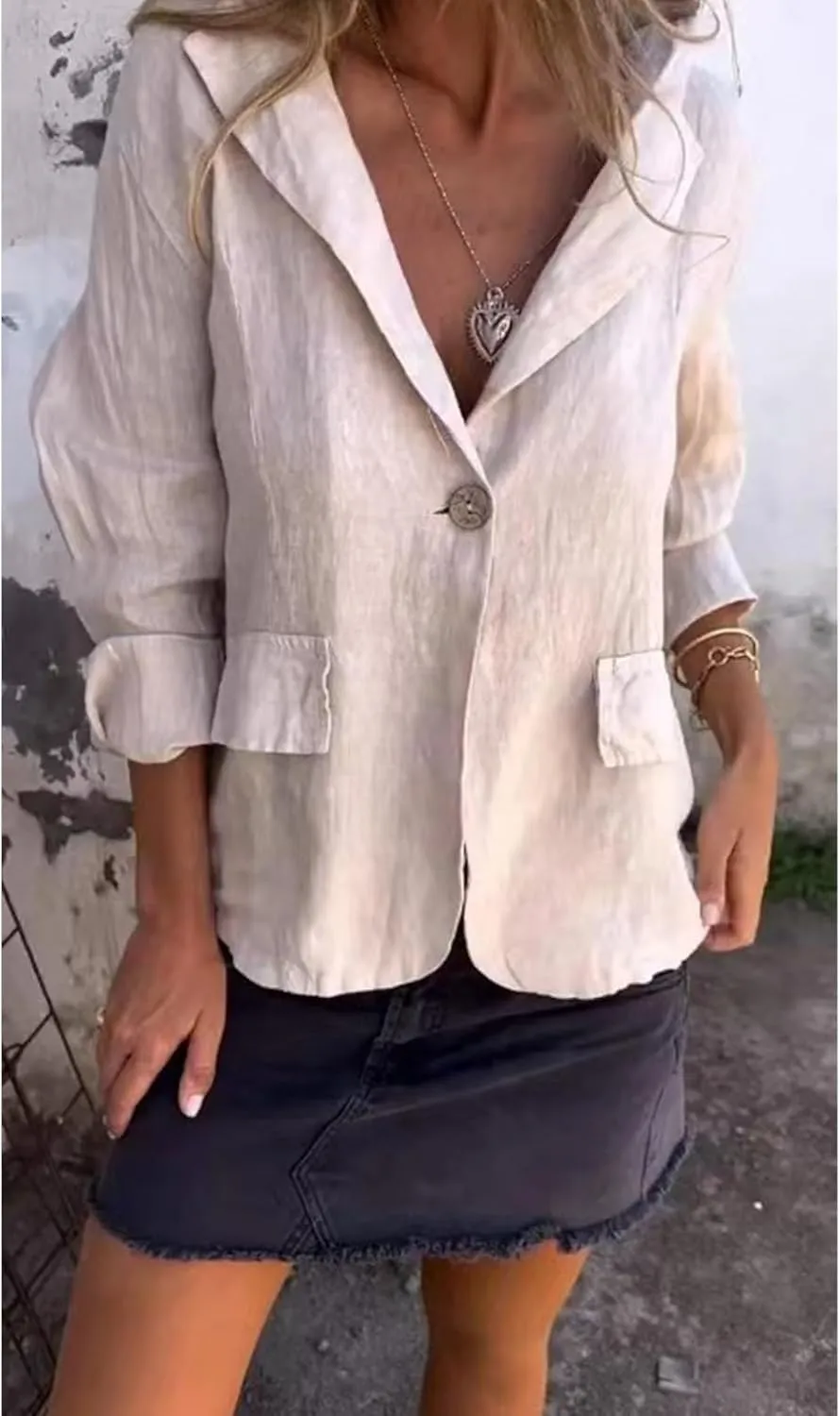 Cotton and Linen Casual Lapel Single-Button Thin Coat, New Linen Blazer Women Casual Lightweight 3/4 Sleeve Jackets