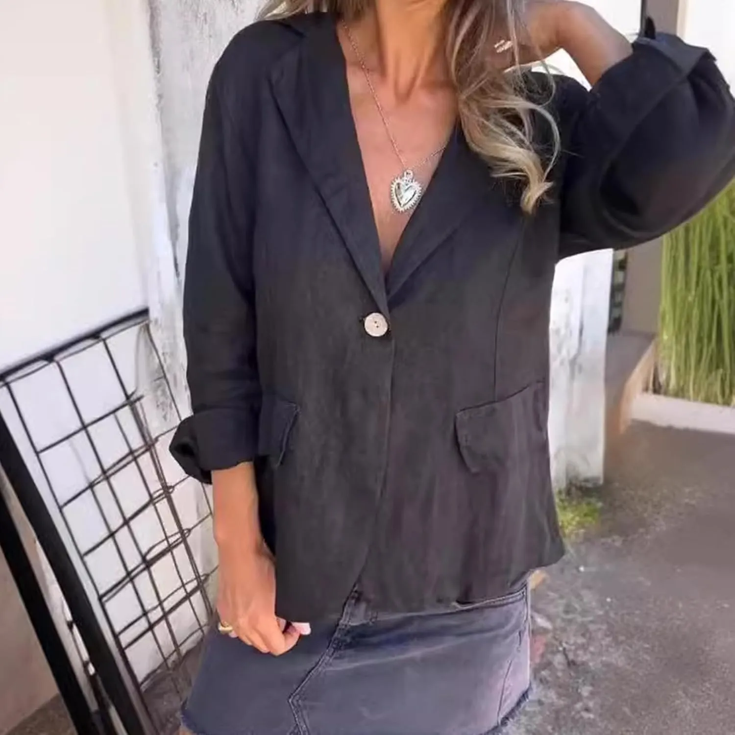 Cotton and Linen Casual Lapel Single-Button Thin Coat, New Linen Blazer Women Casual Lightweight 3/4 Sleeve Jackets
