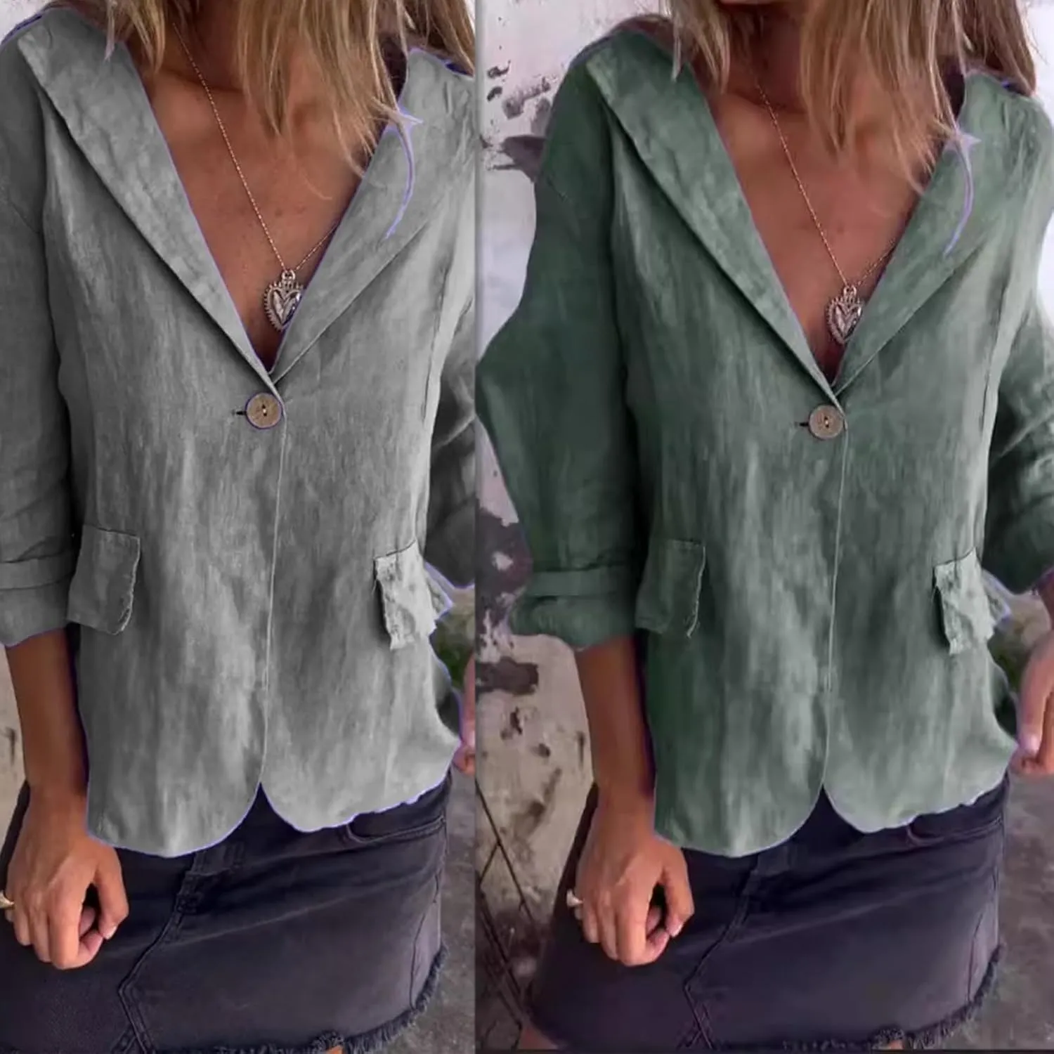 Cotton and Linen Casual Lapel Single-Button Thin Coat, New Linen Blazer Women Casual Lightweight 3/4 Sleeve Jackets