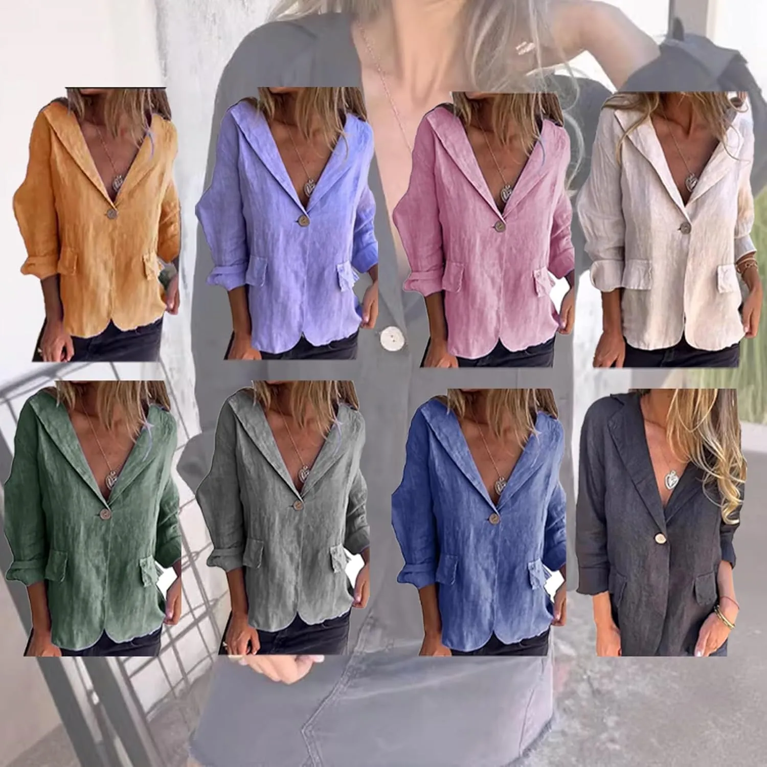 Cotton and Linen Casual Lapel Single-Button Thin Coat, New Linen Blazer Women Casual Lightweight 3/4 Sleeve Jackets