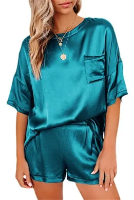 Dark Blue 2 Pieces Satin Sleepwear Set