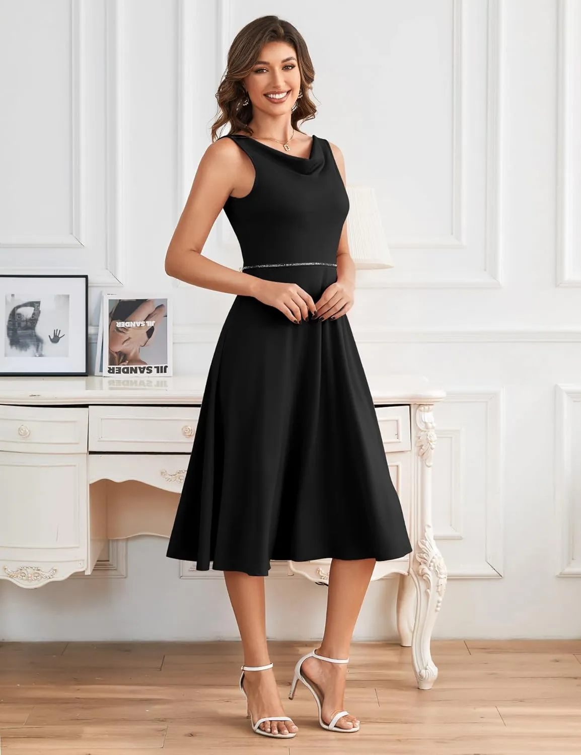 Dressystar Women's Party Dresses Club Cocktail Formal Casual Dress Sleeveless Elegant Cowl Neck A-Line Midi Dress