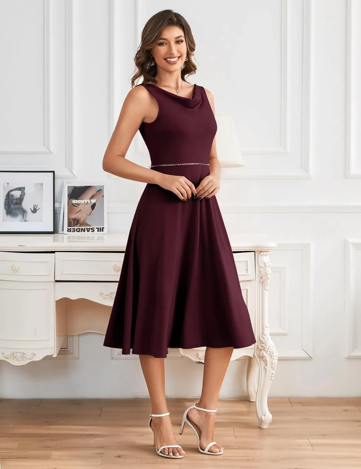 Dressystar Women's Party Dresses Club Cocktail Formal Casual Dress Sleeveless Elegant Cowl Neck A-Line Midi Dress