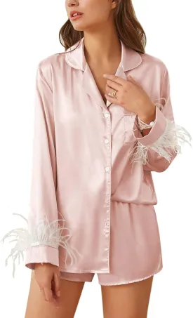 Ekouaer Women's Bridal Feather Trim Silk Satin Pajama Set Long Sleeve Lounge Sets Sleepwear (Removable Feather)