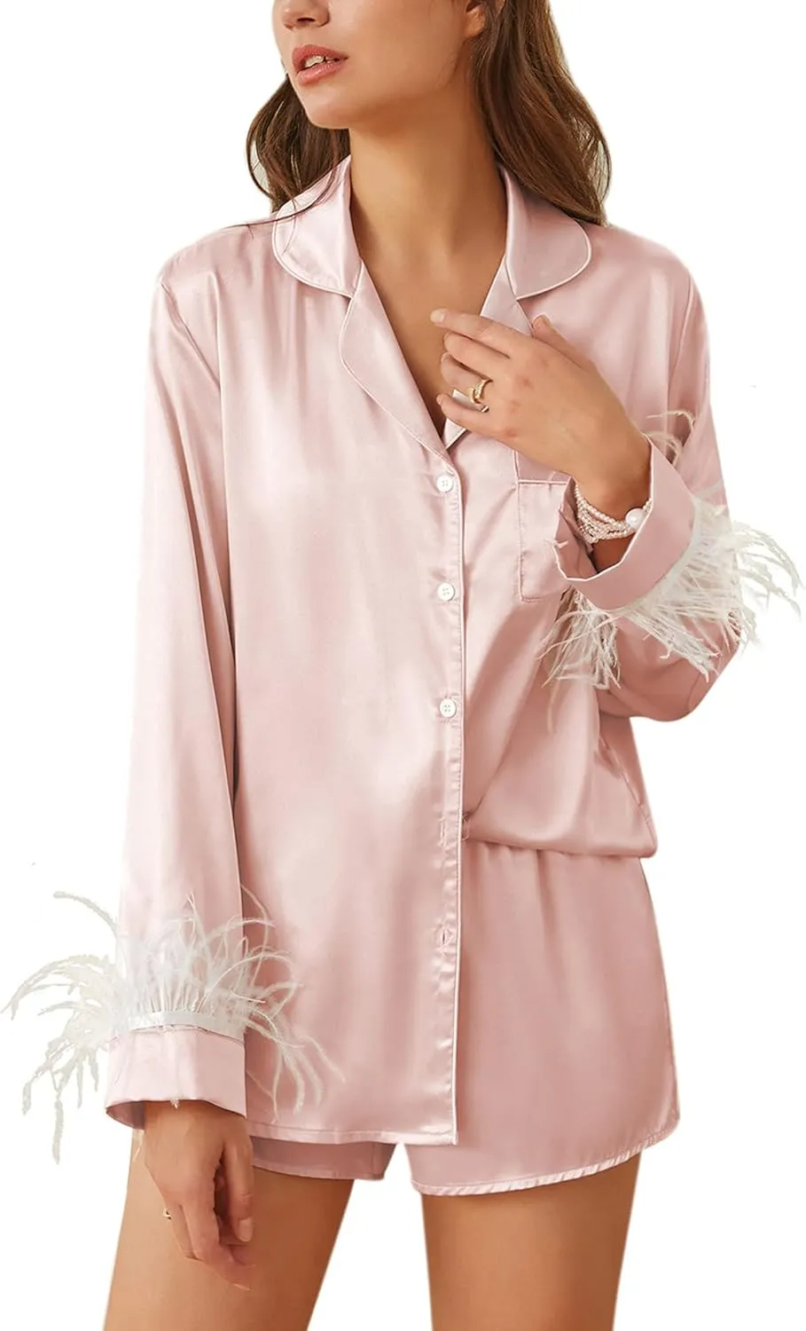 Ekouaer Women's Bridal Feather Trim Silk Satin Pajama Set Long Sleeve Lounge Sets Sleepwear (Removable Feather)