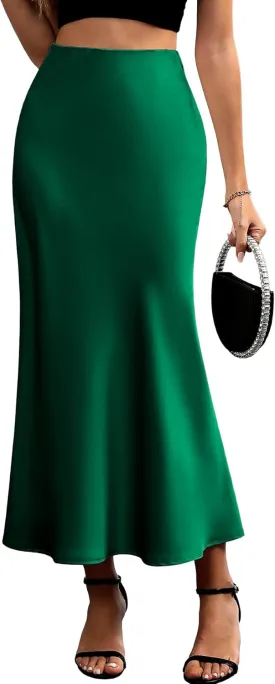 ELLEVEN Women's Maxi Satin High Waisted Skirts Elastic Waistband Party Wedding A-Line Long Silk Skirt