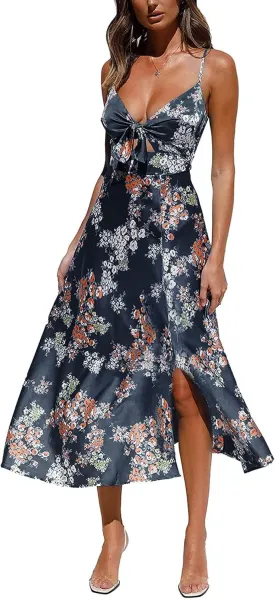 Fashionme Women Spaghetti Strap Midi Satin Dresses Tie Front Backless Split Hollow Dress Fashionme Women Spaghetti Strap Midi Satin Dresses Tie Front Backless Split Hollow Dress