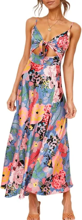 Fashionme Women Spaghetti Strap Midi Satin Dresses Tie Front Backless Split Hollow Dress Fashionme Women Spaghetti Strap Midi Satin Dresses Tie Front Backless Split Hollow Dress