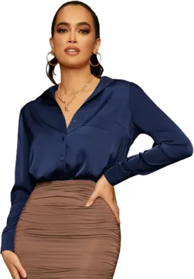Floerns Women's Satin Long Sleeve Button Up Blouse Work Office Silky Shirts Tops