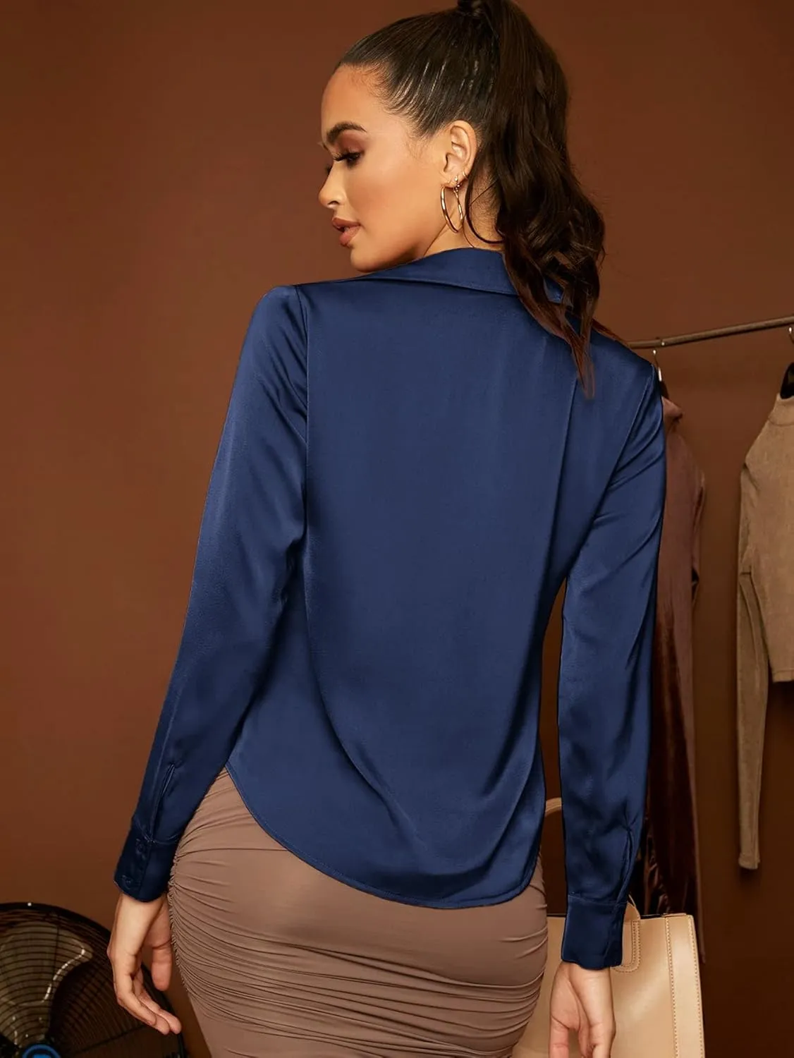 Floerns Women's Satin Long Sleeve Button Up Blouse Work Office Silky Shirts Tops