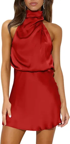 GOBLES Women's Sexy Summer Cold Shoulder Mock Neck Satin Mini Party Dress GOBLES Women's Sexy Summer Cold Shoulder Mock Neck Satin Mini Party Dress