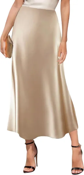 GOLDSTITCH Women's Satin High Waist Skirts Elegant Flared Casual A Line Maxi Skirt
