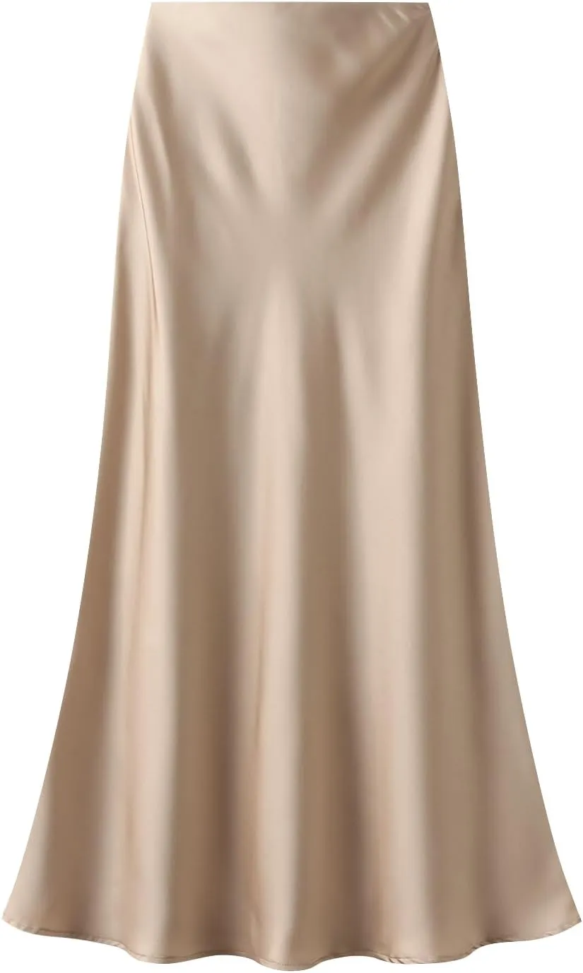 GOLDSTITCH Women's Satin High Waist Skirts Elegant Flared Casual A Line Maxi Skirt
