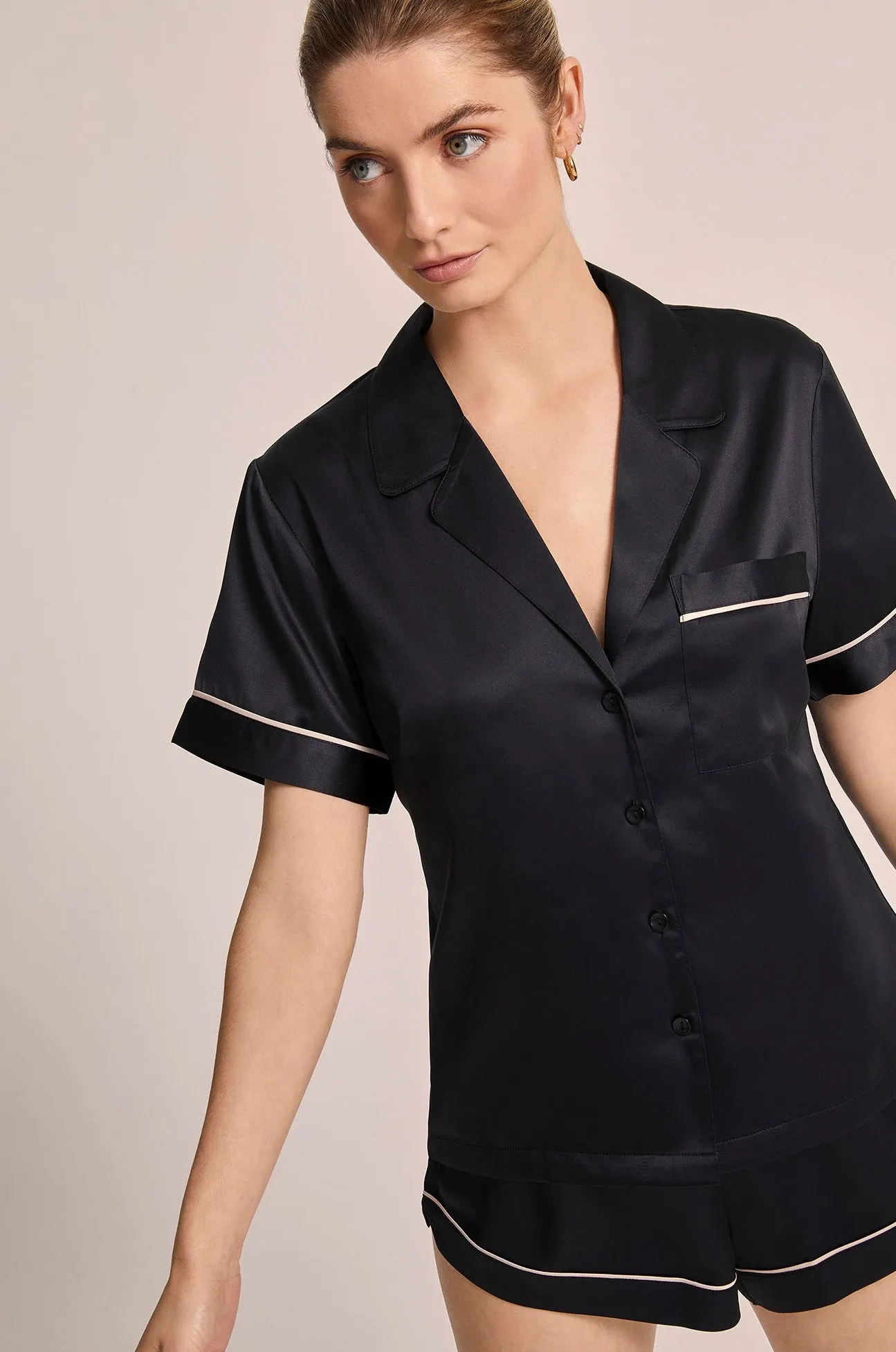 Grace Short Pyjama Set - Black with Blush Piping