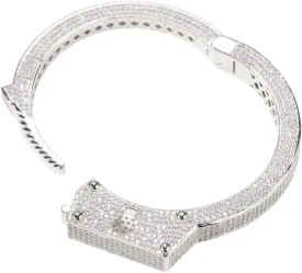 ICEDIAMOND White Gold Plated Hip Hop Iced Out Drama Handcuff Design Bangle, Micro-setting Bright Zirconia Stones with Long Serrated Lock Buckle Bracelet for Men