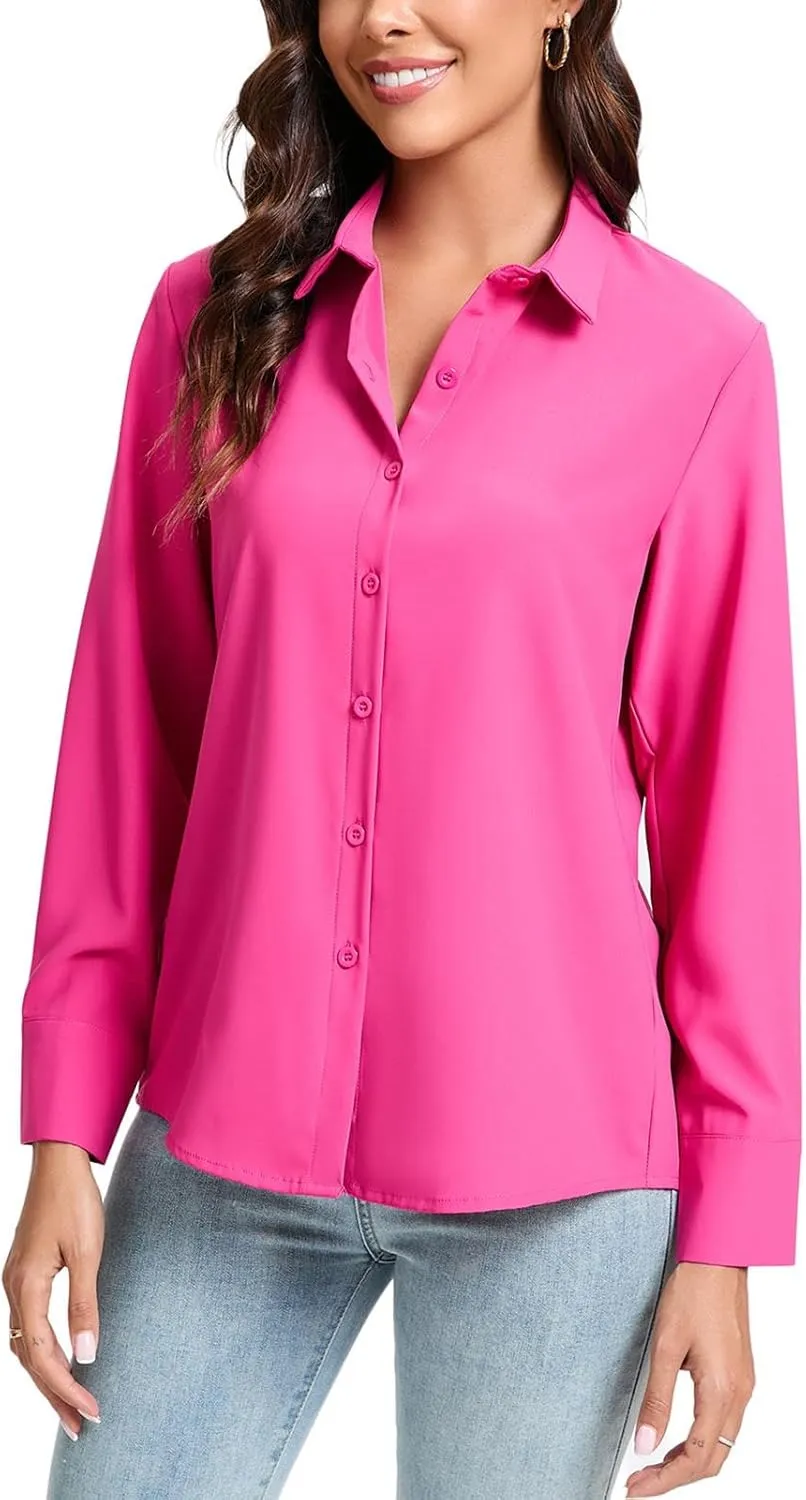 jonivey Womens Stretch Button Down Shirt Long Sleeve Wrinkle-Free Lightweight Smooth Loose Casual Office Work Shirts
