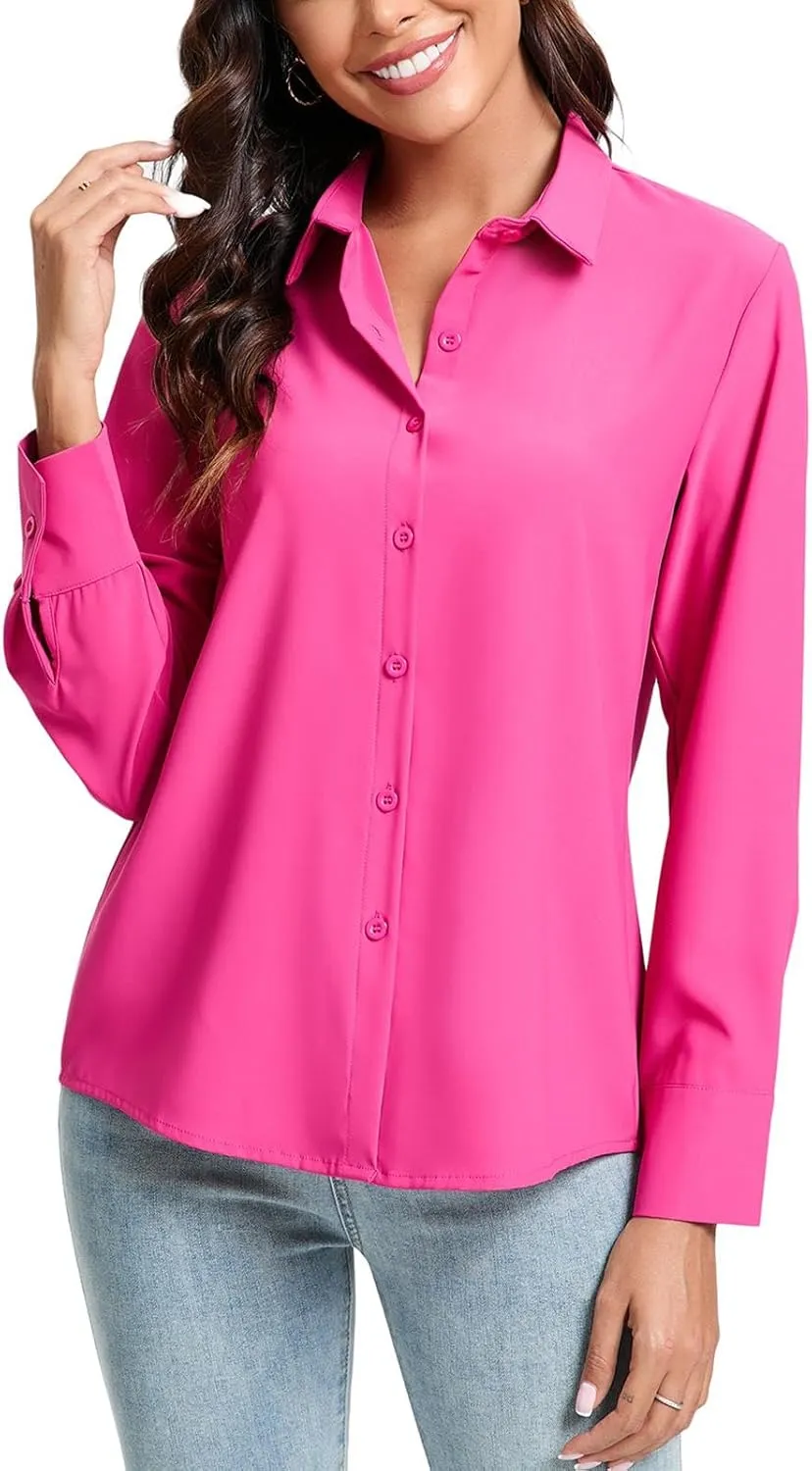 jonivey Womens Stretch Button Down Shirt Long Sleeve Wrinkle-Free Lightweight Smooth Loose Casual Office Work Shirts