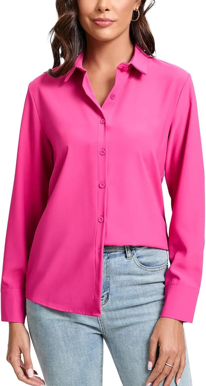 jonivey Womens Stretch Button Down Shirt Long Sleeve Wrinkle-Free Lightweight Smooth Loose Casual Office Work Shirts