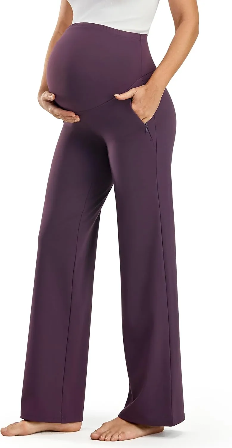 JOYSPELS Smooth Feeling Wide-Leg Maternity Work Pants Soft Pregnancy Yoga Pants with Zippered Pockets Over The Belly