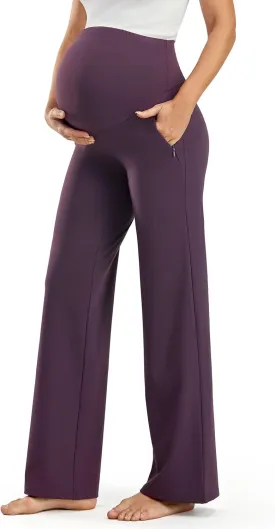 JOYSPELS Smooth Feeling Wide-Leg Maternity Work Pants Soft Pregnancy Yoga Pants with Zippered Pockets Over The Belly