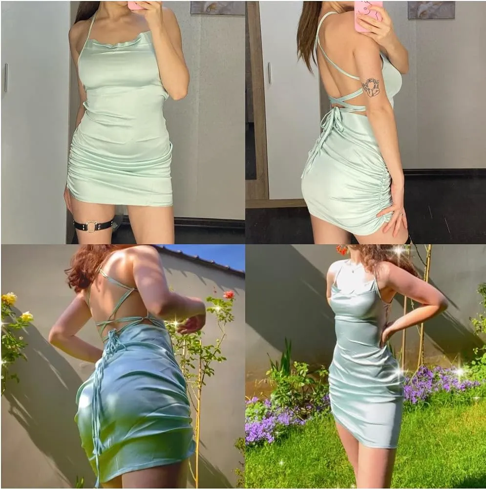 JUMISEE Women Satin Ruched Lace Up Bodycon Mini Dress Sexy Backless Spaghetti Strap Party Dress for Cocktail Clubwear