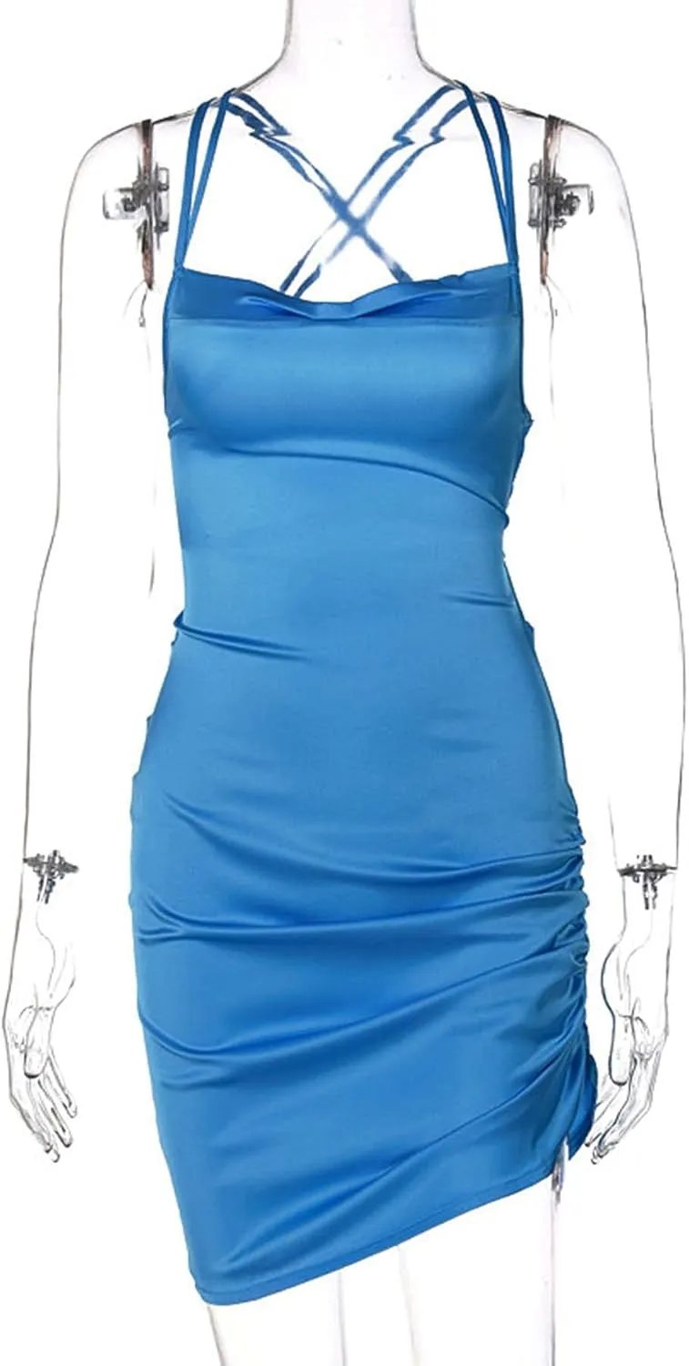 JUMISEE Women Satin Ruched Lace Up Bodycon Mini Dress Sexy Backless Spaghetti Strap Party Dress for Cocktail Clubwear