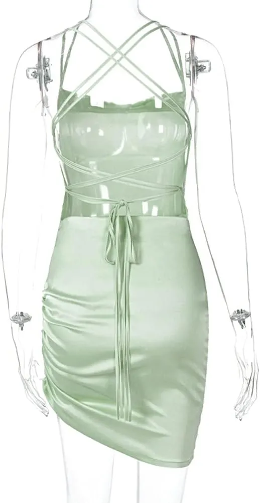 JUMISEE Women Satin Ruched Lace Up Bodycon Mini Dress Sexy Backless Spaghetti Strap Party Dress for Cocktail Clubwear