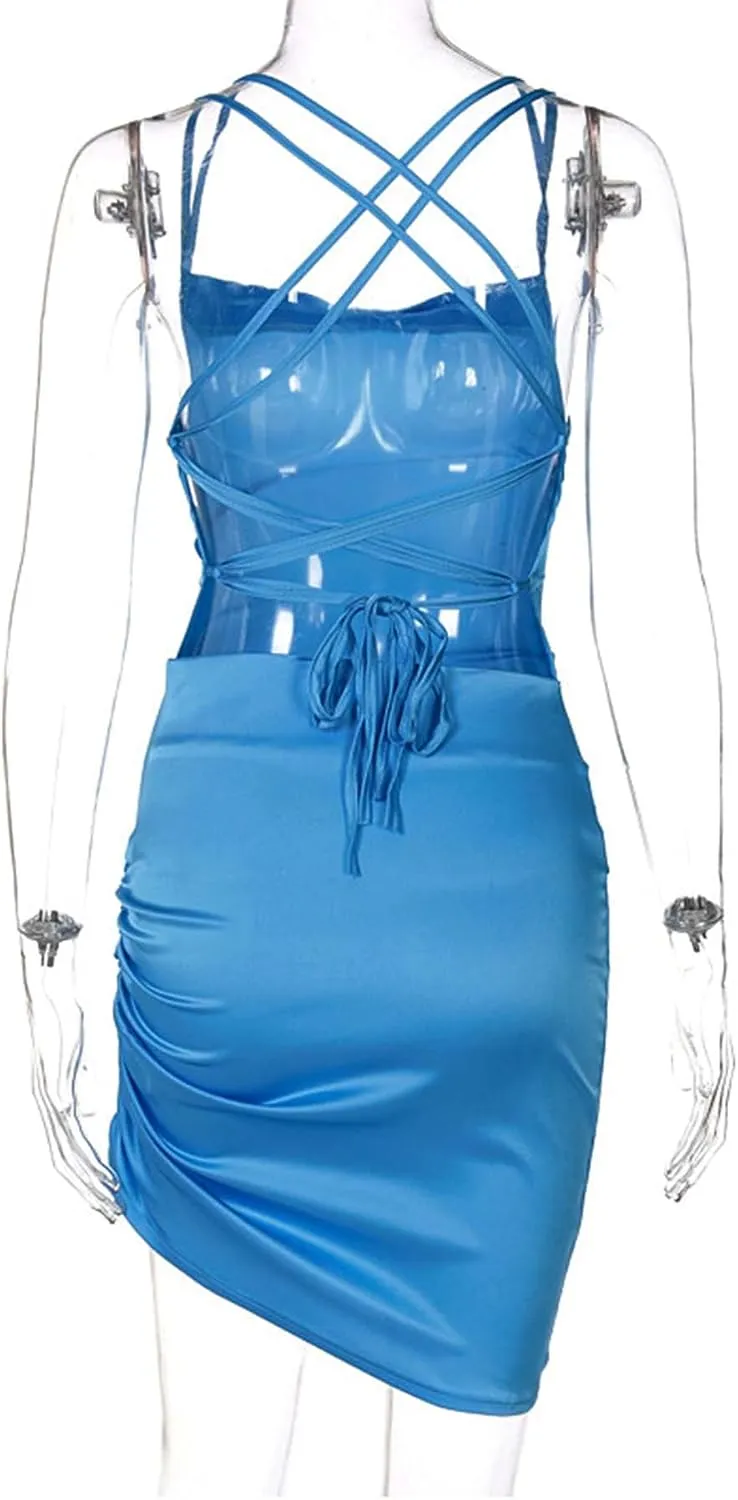 JUMISEE Women Satin Ruched Lace Up Bodycon Mini Dress Sexy Backless Spaghetti Strap Party Dress for Cocktail Clubwear