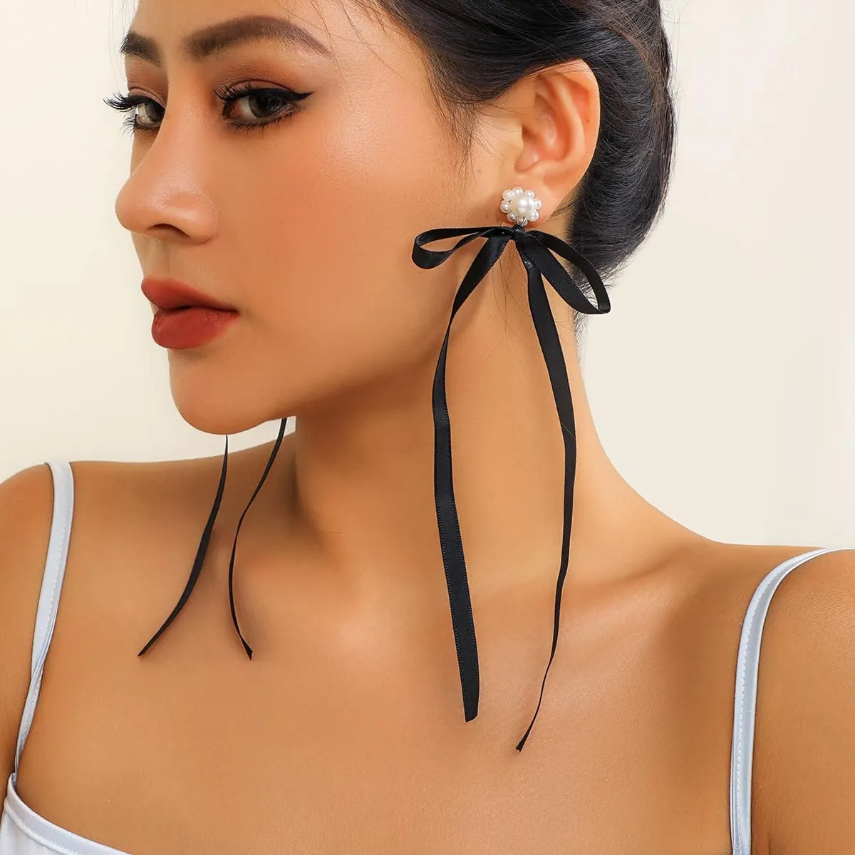 Long Tassel Pearl Crystal Bow-knot Earrings Bridal Wedding Silk Band Drop Dangle Earrings Dainty Bow Anniversary Party Ear Accessories for Women