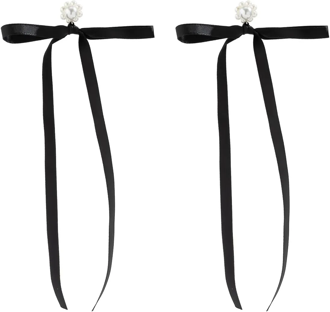 Long Tassel Pearl Crystal Bow-knot Earrings Bridal Wedding Silk Band Drop Dangle Earrings Dainty Bow Anniversary Party Ear Accessories for Women