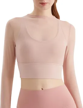 Luna & Sun Sheer Mesh Sexy Crop Top Longsleeve Mock Neck Criss Cross Strappy Back Design Padded Camisole Workout Yoga Fitness
