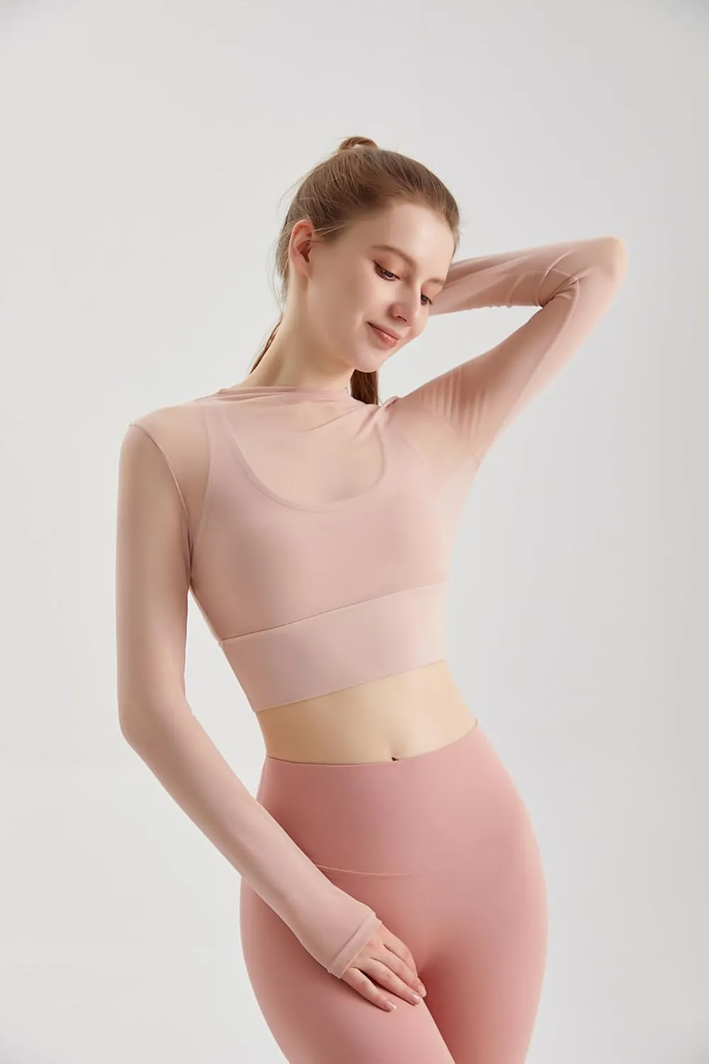 Luna & Sun Sheer Mesh Sexy Crop Top Longsleeve Mock Neck Criss Cross Strappy Back Design Padded Camisole Workout Yoga Fitness