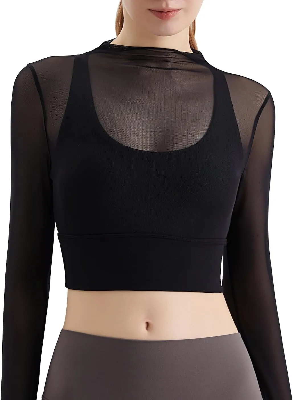 Luna & Sun Sheer Mesh Sexy Crop Top Longsleeve Mock Neck Criss Cross Strappy Back Design Padded Camisole Workout Yoga Fitness