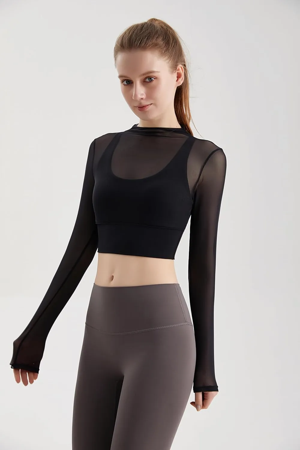 Luna & Sun Sheer Mesh Sexy Crop Top Longsleeve Mock Neck Criss Cross Strappy Back Design Padded Camisole Workout Yoga Fitness