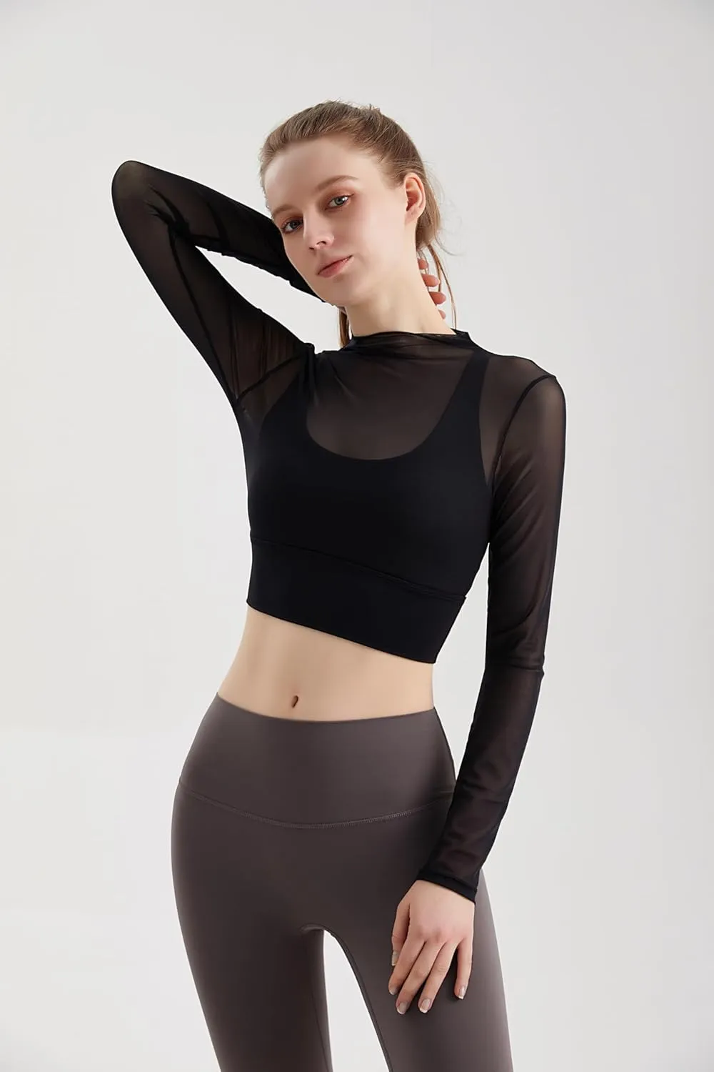 Luna & Sun Sheer Mesh Sexy Crop Top Longsleeve Mock Neck Criss Cross Strappy Back Design Padded Camisole Workout Yoga Fitness