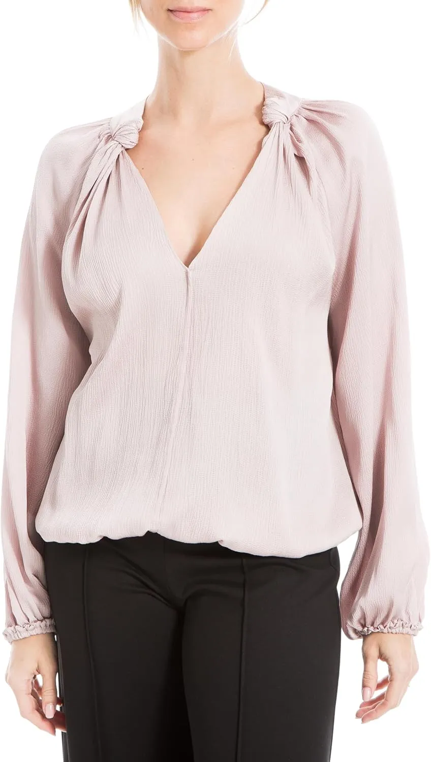 Max Studio Women's Matte Satin Balloon Sleeve V Neck Blouse with Knot Details at Neckline