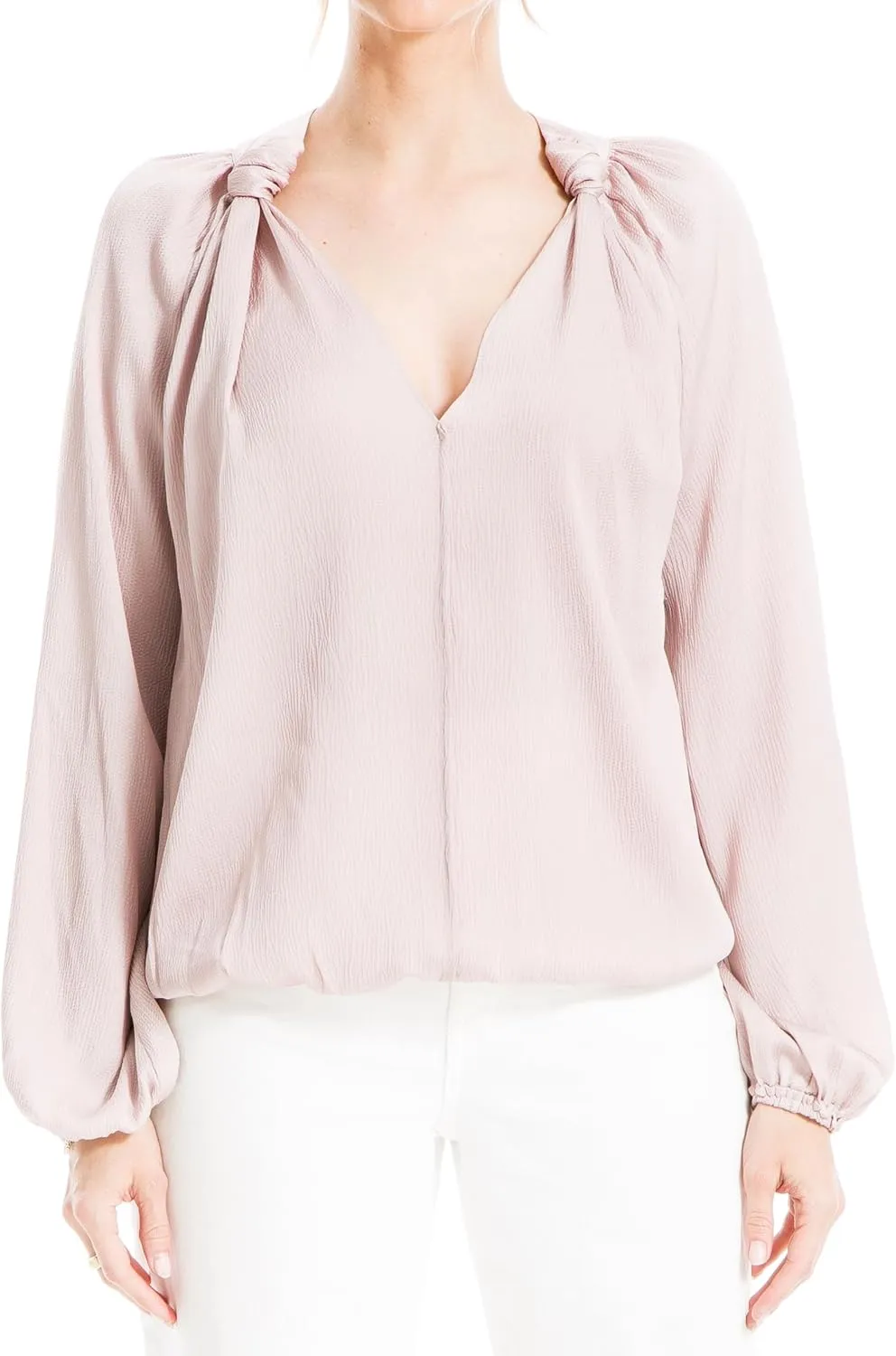 Max Studio Women's Matte Satin Balloon Sleeve V Neck Blouse with Knot Details at Neckline
