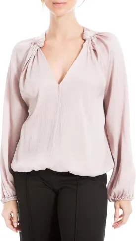 Max Studio Women's Matte Satin Balloon Sleeve V Neck Blouse with Knot Details at Neckline