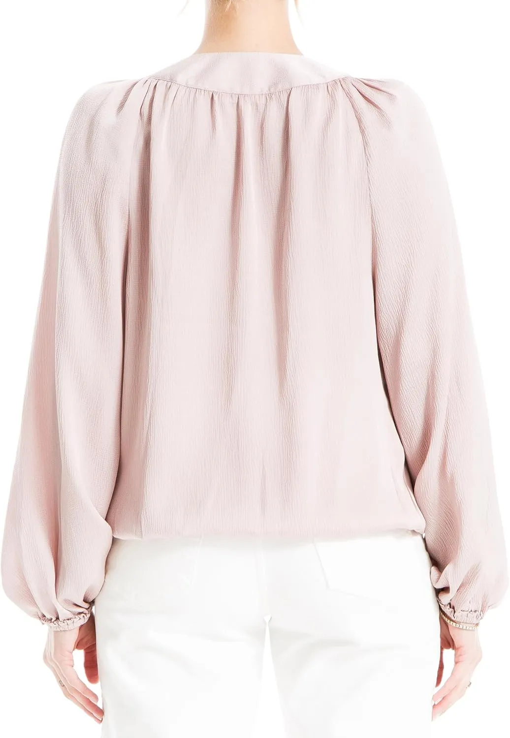 Max Studio Women's Matte Satin Balloon Sleeve V Neck Blouse with Knot Details at Neckline