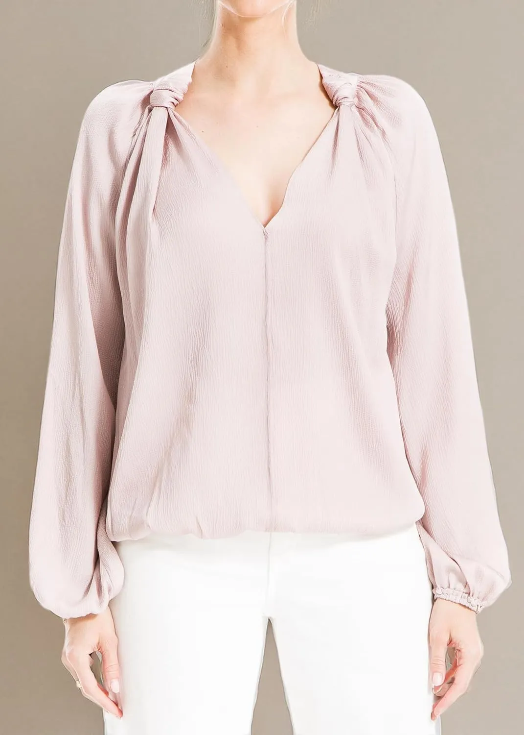 Max Studio Women's Matte Satin Balloon Sleeve V Neck Blouse with Knot Details at Neckline