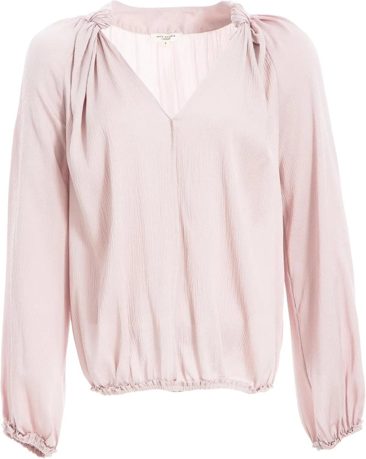 Max Studio Women's Matte Satin Balloon Sleeve V Neck Blouse with Knot Details at Neckline